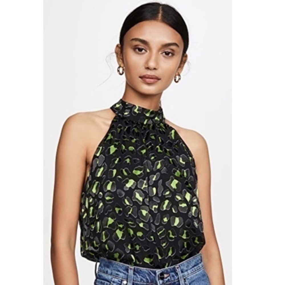 ALICE + OLIVIA Kinsley Gathered Burnout Velvet Leopard Halter Top In Green Black